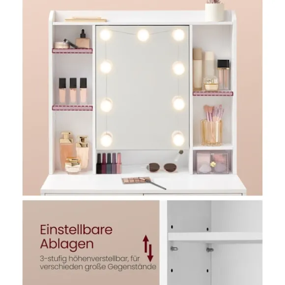 Rootz Toiletbord med spejl - Sminkebord - Makeupbord - Spånplade - 40 cm x 90 cm x 144,7 cm - Cloud White - 32,3 kg