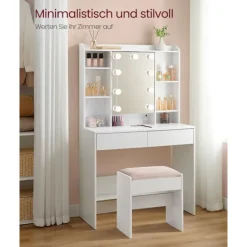 Rootz Toiletbord med spejl - Sminkebord - Makeupbord - Spånplade - 40 cm x 90 cm x 144,7 cm - Cloud White - 32,3 kg