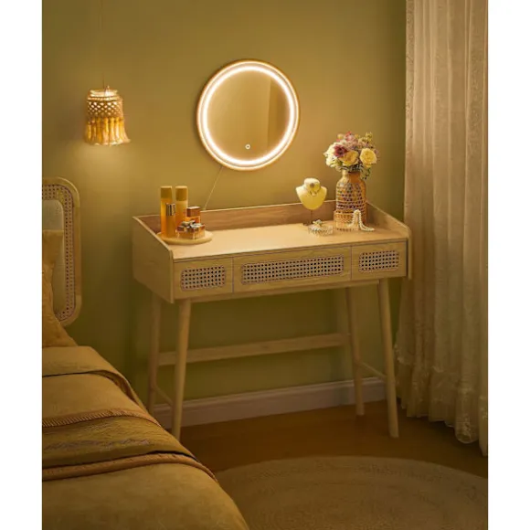 Rootz Toiletbord med spejl og belysning - Vaskeskabssæt - Makeupbord - Massive træben - MDF - Eg Beige - 43cm x 90cm x 82cm