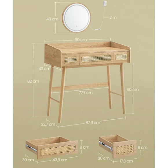 Rootz Toiletbord med spejl og belysning - Vaskeskabssæt - Makeupbord - Massive træben - MDF - Eg Beige - 43cm x 90cm x 82cm