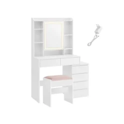 Rootz Toiletbordssæt - Sminkebord - Makeup skrivebord - Spånplade - Cloud White - 40 cm x 97,5 cm x 145 cm - Taburet - 45 cm x 28,6 cm x 45,5 cm