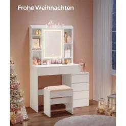 Rootz Toiletbordssæt - Sminkebord - Makeup skrivebord - Spånplade - Cloud White - 40 cm x 97,5 cm x 145 cm - Taburet - 45 cm x 28,6 cm x 45,5 cm
