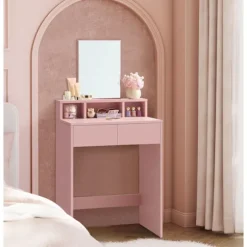 Rootz Toiletbordssæt med spejl - Sminkebord - Makeup skrivebord - 2 skuffer - Pastel Pink - 40cm x 60cm x 127cm