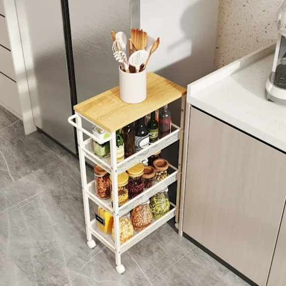 Rootz Troting Trolley - Kitchen Cart - Smal Niche Shelf - Rumbesparende værktøj - 22 cm x 45,4 cm x 77 cm - eg farve hvid