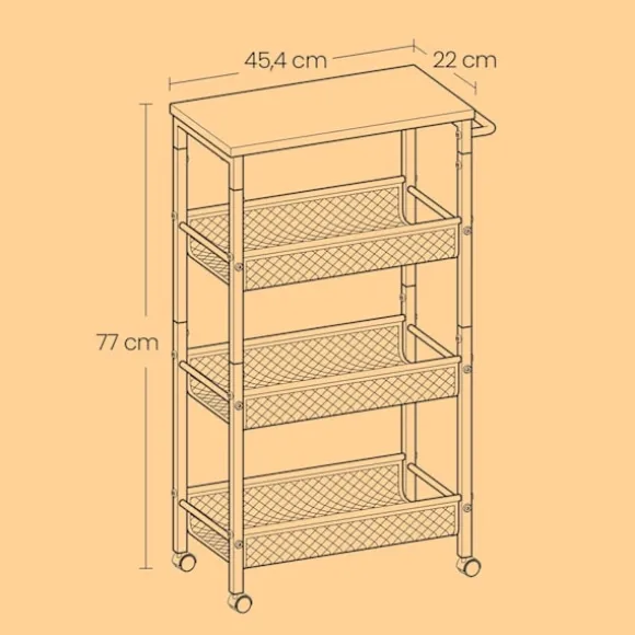 Rootz Troting Trolley - Kitchen Cart - Smal Niche Shelf - Rumbesparende værktøj - 22 cm x 45,4 cm x 77 cm - eg farve hvid