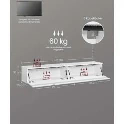 Rootz TV Lowboard - Floating Media Stand - Vægmonteret underholdningsenhed - Slank Design - 178 x 35 x 30 cm - Snehvide