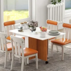Rootz Udtrækkeligt spisebord - Foldebord - Mobilt moderne design - Glat - Løbende - Spånplade - Teak - Hvid - 120cm X 80cm X 73cm