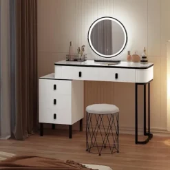 Rootz Vanity Dressing Table Set - Makeup Table - Beauty Desk - Dæmpbar LED -spejl - Velvet Affool - 100 cm x 126 cm x 40 cm - Hvid & sort