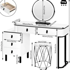 Rootz Vanity Dressing Table Set - Makeup Table - Beauty Desk - Dæmpbar LED -spejl - Velvet Affool - 100 cm x 126 cm x 40 cm - Hvid & sort
