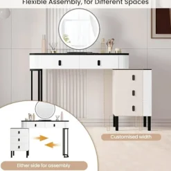 Rootz Vanity Dressing Table Set - Makeup Table - Beauty Desk - Dæmpbar LED -spejl - Velvet Affool - 100 cm x 126 cm x 40 cm - Hvid & sort