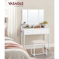 Rootz vaskebordssæt - Makeupbord - Toiletbord skammel - Spånplade stålkonstruktion - Hvid - 40cm x 90cm x 141cm