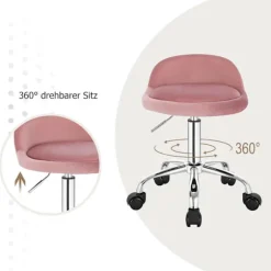 Rootz Velvet Office Taburet - Justerbar Skrivebordsstol - Rolling Task Chair - Komfortabel, Fleksibel, Holdbar - 53cm-65,5cm x 30cm x 30cm