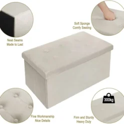 Rootz Velvet Opbevaringsskammel - Sammenfoldelig osmannisk - Stor kapacitet - Stabilt stel - 76 cm x 38 cm x 37,5 cm