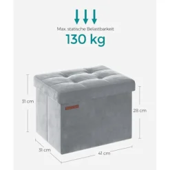 Rootz Velvet sædekiste - Opbevaring Ottoman - Polstret bænk - MDF-konstruktion - Duegrå - 31 cm x 41 cm x 31 cm - Letvægts - Rummelig - Robust
