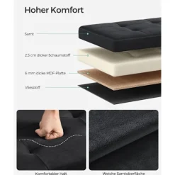 Rootz Velvet sædekiste - Opbevaring Ottoman - Polstret bænk - MDF konstruktion - 38cm x 38cm x 38cm - Blæk sort - 43L Kapacitet