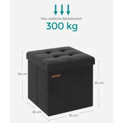 Rootz Velvet sædekiste - Opbevaring Ottoman - Polstret bænk - MDF konstruktion - 38cm x 38cm x 38cm - Blæk sort - 43L Kapacitet