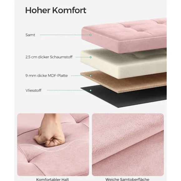 Rootz Velvet sædekiste - Opbevaring Ottoman - Polstret bænk - MDF konstruktion - Pastel Pink - 38cm x 76cm x 38cm - Letvægts - Rummelig - Robust