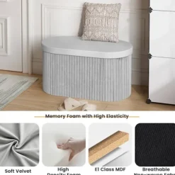 Rootz Velvet Seat Accoal - Opbevaring Ottoman - Foldbare møbler - 76L Kapacitet - 76x38x38cm Grå
