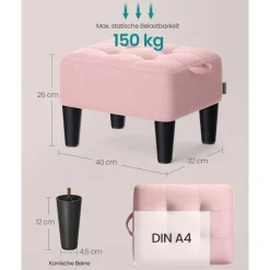 Rootz Velvet Seat Accoal - Pink and Black -Ottoman - Footrest - Understøtter 150 kg - 40 cm x 32 cm x 26 cm