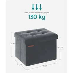 Rootz Velvet Seat Chest - Opbevaring Ottoman - Fodstøtte - MDF Konstruktion - 32L Kapacitet - 31cm x 41cm x 31cm - Skifergrå