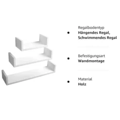 Rootz væghylde - U-formet afsats - Flydende bogreol - Displaystativ - Opbevaringsholder - Monterbart stativ - Hvid - 26,0 x 8,7 x 8,2 tommer