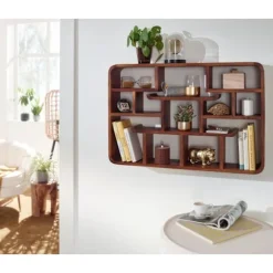 Rootz væghylde 80x55x15 cm massiv sheesham træ hængende hylde moderne svævende - Stor design svævende hylde - Hylde Hængende Stue - bogreol væg