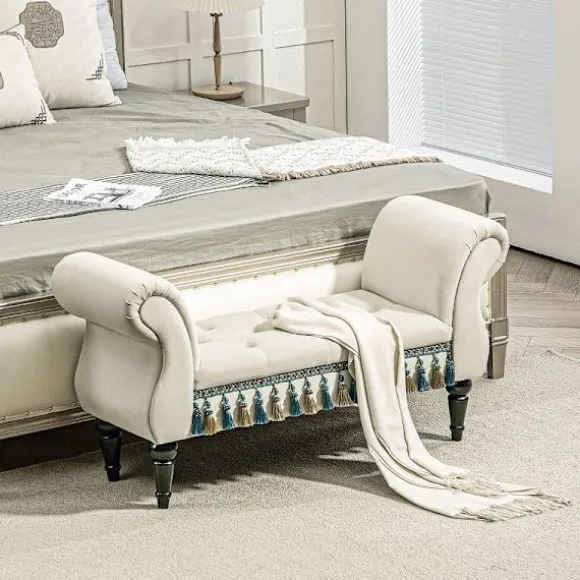 Rootz Vintage bænk - Polstret sæde - Sengebænk - Stel af massivt træ - Knapsyning - Beige - 117 cm x 40 cm x 58 cm