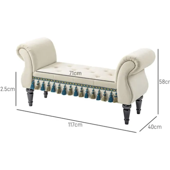 Rootz Vintage bænk - Polstret sæde - Sengebænk - Stel af massivt træ - Knapsyning - Beige - 117 cm x 40 cm x 58 cm