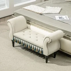 Rootz Vintage bænk - Polstret sæde - Sengebænk - Stel af massivt træ - Knapsyning - Beige - 117 cm x 40 cm x 58 cm