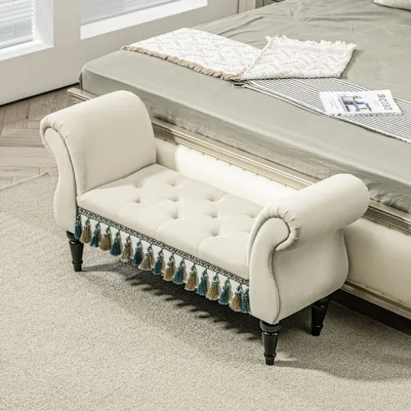 Rootz Vintage bænk - Polstret sæde - Sengebænk - Stel af massivt træ - Knapsyning - Beige - 117 cm x 40 cm x 58 cm