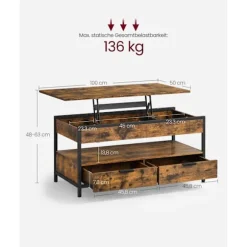 Rootz Vintage Brown-Ink Black Sofabord - Spånplade stål - Stort - Justerbar højde - Letvægts - 50cm x 100cm x 48-63cm