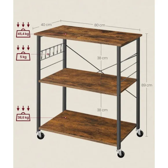 Rootz Vintage brun-sort hylde - Opbevaringsstativ - Rullevogn - Spånplade og stål - 40 cm x 80 cm x 89 cm - 123 kg Kapacitet
