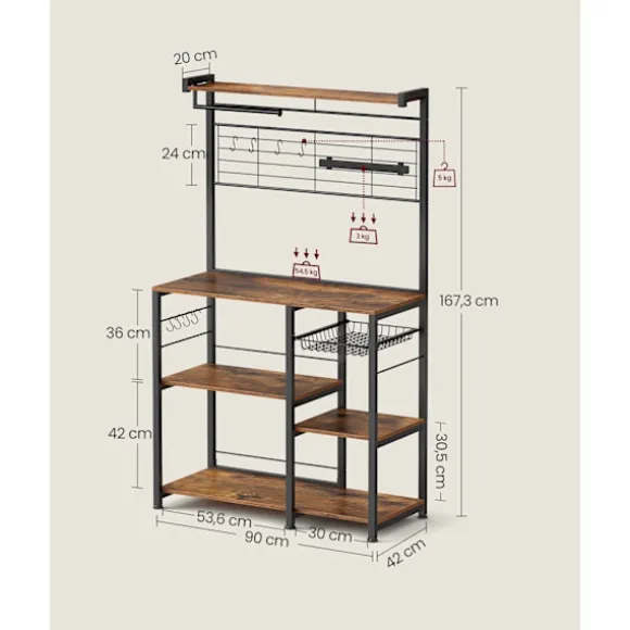 Rootz Vintage brun-sort køkkenopbevaringsstativ - spånpladestålorganisering - Pantryhylde - Heavy Duty - 42 cm x 90 cm x 167,3 cm