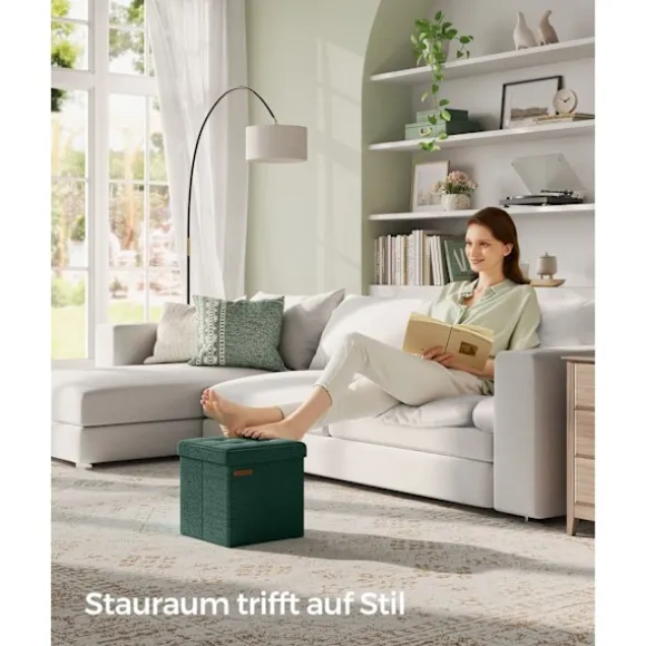 Rootz Vintage Grøn sædekiste - Opbevaring Ottoman - Fodstøtte - MDF imiteret linned - 25D skum - 30 cm x 30 cm x 30 cm - 1,6 kg - 130 kg Kapacitet