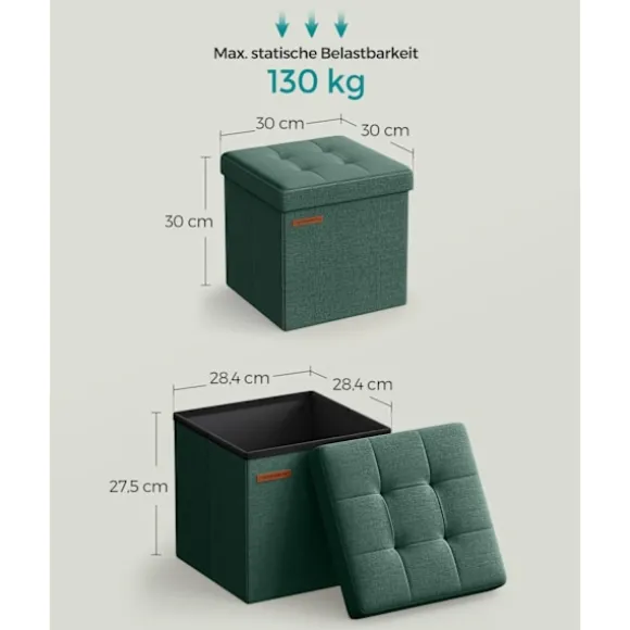 Rootz Vintage Grøn sædekiste - Opbevaring Ottoman - Fodstøtte - MDF imiteret linned - 25D skum - 30 cm x 30 cm x 30 cm - 1,6 kg - 130 kg Kapacitet