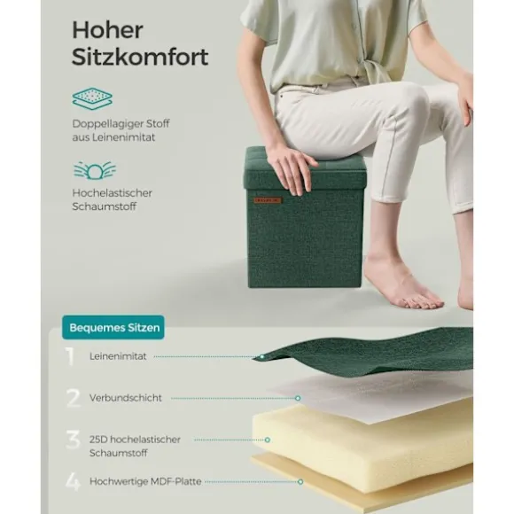 Rootz Vintage Grøn sædekiste - Opbevaring Ottoman - Fodstøtte - MDF imiteret linned - 25D skum - 30 cm x 30 cm x 30 cm - 1,6 kg - 130 kg Kapacitet