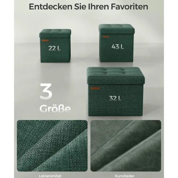 Rootz Vintage Grøn sædekiste - Opbevaring Ottoman - Fodstøtte - MDF imiteret linned - 25D skum - 30 cm x 30 cm x 30 cm - 1,6 kg - 130 kg Kapacitet