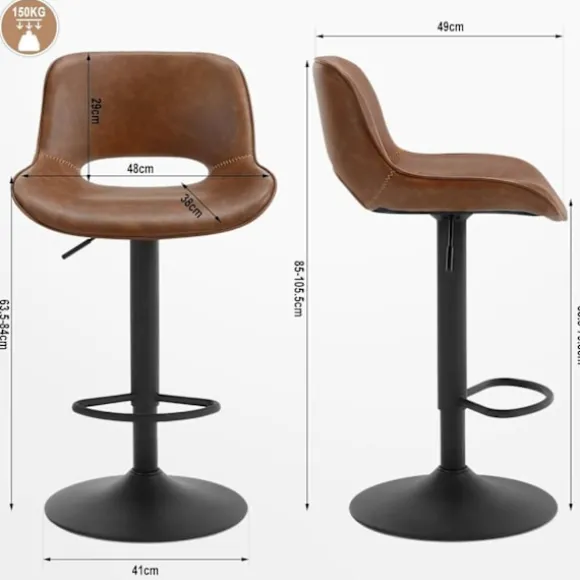 Rootz Vintage imiteret læder barstol - Vandtæt - Slidbestandig - Ergonomisk - Justerbar højde - Brun - 48cm x (85-105,5)cm x 49cm