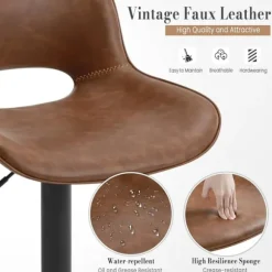 Rootz Vintage imiteret læder barstol - Vandtæt - Slidbestandig - Ergonomisk - Justerbar højde - Brun - 48cm x (85-105,5)cm x 49cm