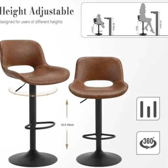 Rootz Vintage imiteret læder barstol - Vandtæt - Slidbestandig - Ergonomisk - Justerbar højde - Brun - 48cm x (85-105,5)cm x 49cm