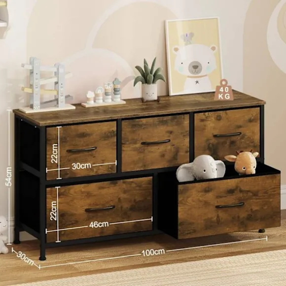 Rootz Vintage kommode - Industrielt opbevaringsskab - Kommode med 5 skuffer - Metalramme - 100 cm x 54 cm x 30 cm