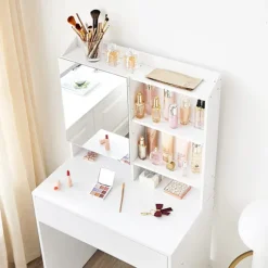 Rootz White spånplade sminkebord - Sminkebord - Makeup skrivebord - 70 x 40 x 136 cm - Anti-Tip-enhed - Nem montering - Opbevaringsplads