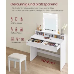 Rootz White spånplade sminkebord - Vanity Desk - Makeup Bord - Rummelig opbevaring - 40 cm x 100 cm x 145 cm