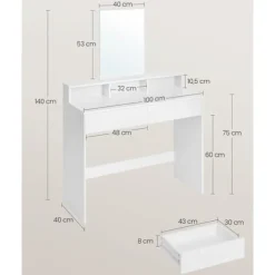 Rootz White spånplade toiletbord - Sminkebord - Makeup skrivebord - Rummelig opbevaring - Robust konstruktion - Nem montering - 40 cm x 100 cm x 140 c | Fyndiq