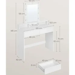 Rootz White spånplade toiletbord - Sminkebord - Makeup skrivebord - Rummelig opbevaring - Robust konstruktion - Nem montering - 40 cm x 100 cm x 145 c | Fyndiq