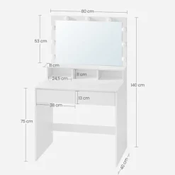 Rootz White Toiletbord - Sminkebord - Makeup Skrivebord - Spånplademateriale - Melaminbelægning - 80 cm x 40 cm x 140 cm - LED-pærer inkluderet - Anti | Fyndiq