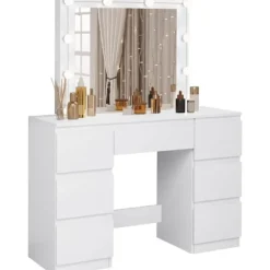 Rootz White Toiletbord - Vanity Desk - Makeup Bord - Justerbar LED-belysning - Rigelig opbevaring - Holdbart design - 110 cm x 140,5 cm x 39,5 cm