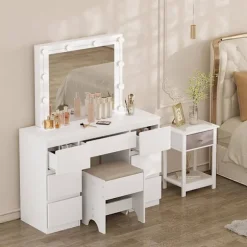 Rootz White Toiletbord - Vanity Desk - Makeup Bord - Justerbar LED-belysning - Rigelig opbevaring - Holdbart design - 110 cm x 140,5 cm x 39,5 cm
