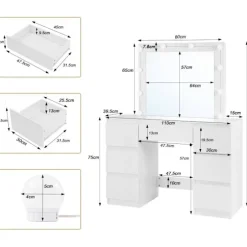 Rootz White Toiletbord - Vanity Desk - Makeup Bord - Justerbar LED-belysning - Rigelig opbevaring - Holdbart design - 110 cm x 140,5 cm x 39,5 cm