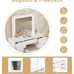 Rootz White Toiletbord - Vanity Desk - Makeup Bord - Justerbar LED-belysning - Rigelig opbevaring - Holdbart design - 110 cm x 140,5 cm x 39,5 cm